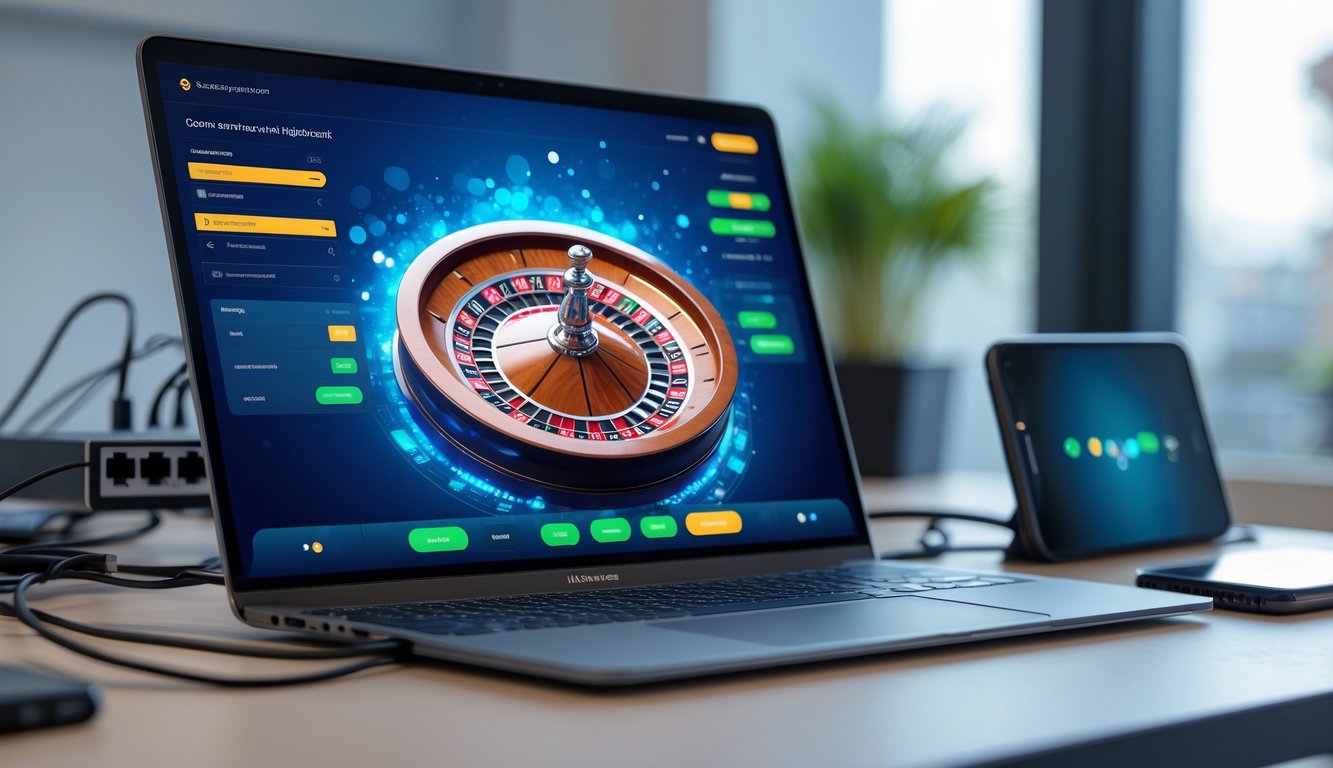 Layar komputer menampilkan roda roulette online yang berputar dengan lancar di meja kerja yang rapi dan terang.