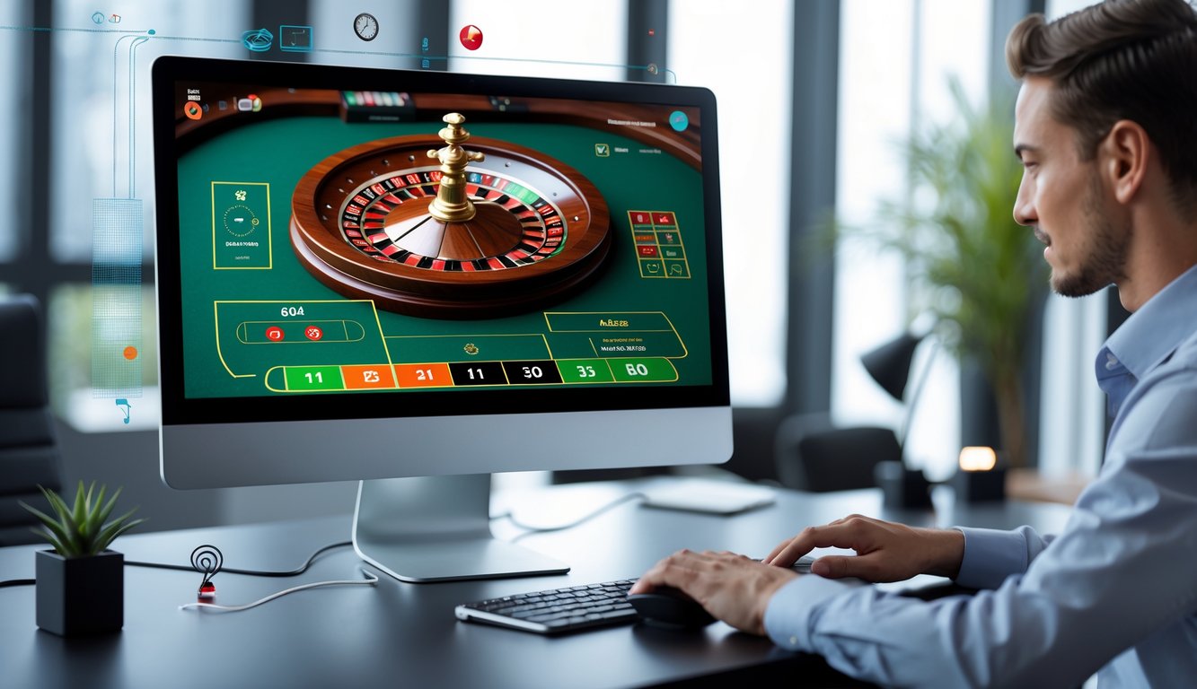 Seseorang menggunakan komputer dengan tampilan permainan roulette online yang stabil dan lancar di ruang kerja yang rapi.