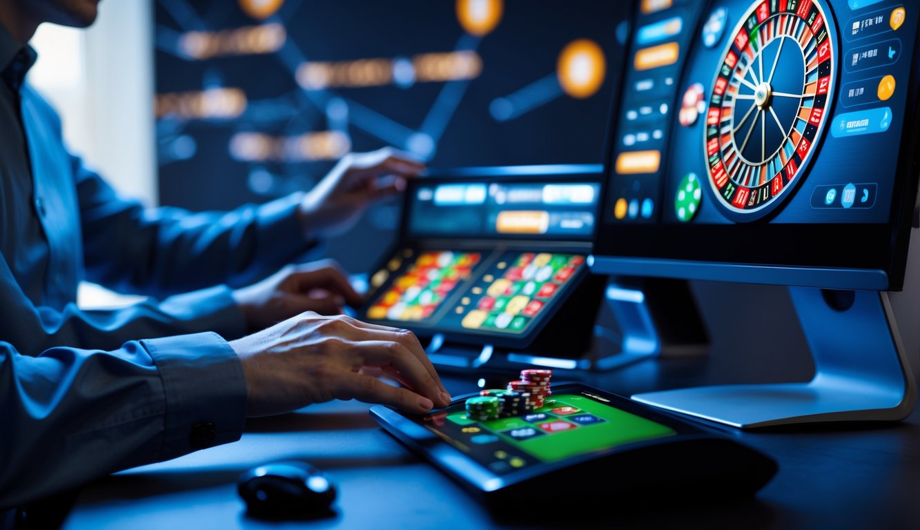 Seorang pemain menggunakan komputer dengan tampilan roda roulette online yang bergerak lancar, menunjukkan permainan cepat dan sistem yang adil.