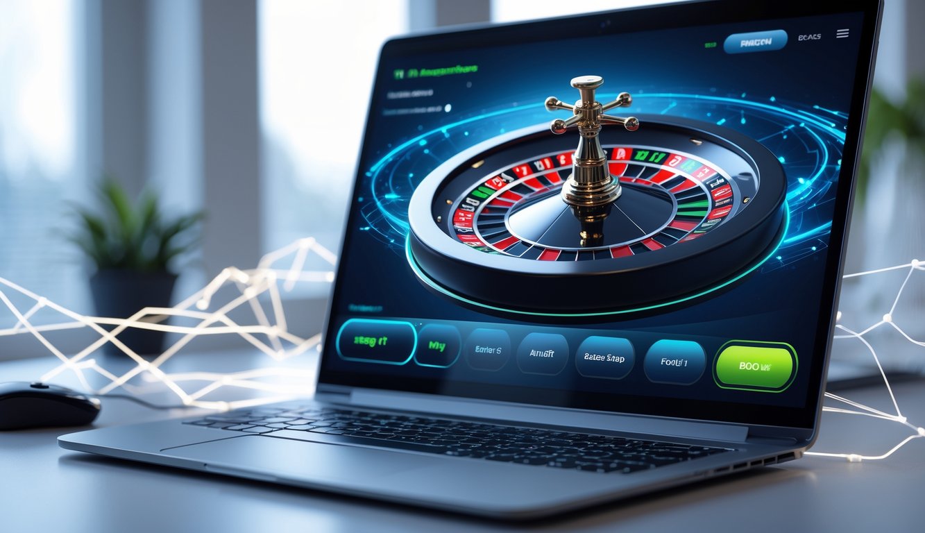 Tampilan komputer dengan permainan roulette online yang cepat dan lancar di layar, di lingkungan kerja modern.