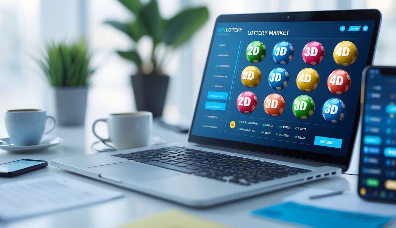 Meja kerja dengan laptop yang menampilkan angka lotere digital dan grafik, dikelilingi oleh ponsel dan secangkir kopi.