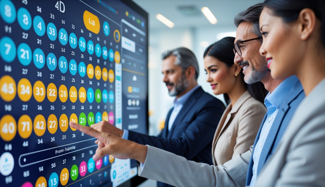 Orang-orang menggunakan layar sentuh digital yang menampilkan angka-angka togel 2D, 3D, dan 4D dalam suasana kantor yang modern dan terang.