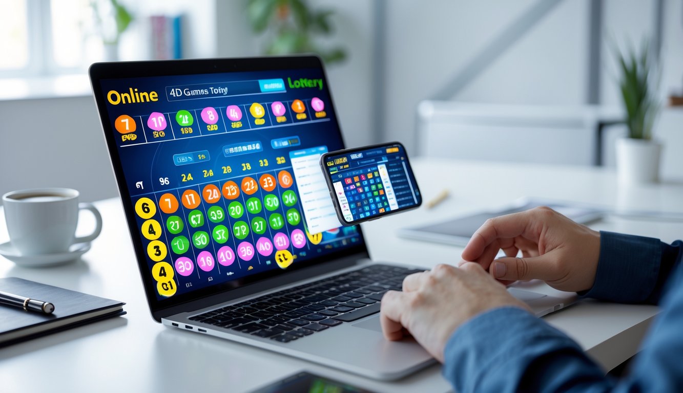 Orang sedang menggunakan laptop dan ponsel di meja kerja dengan tampilan angka lotre di layar.