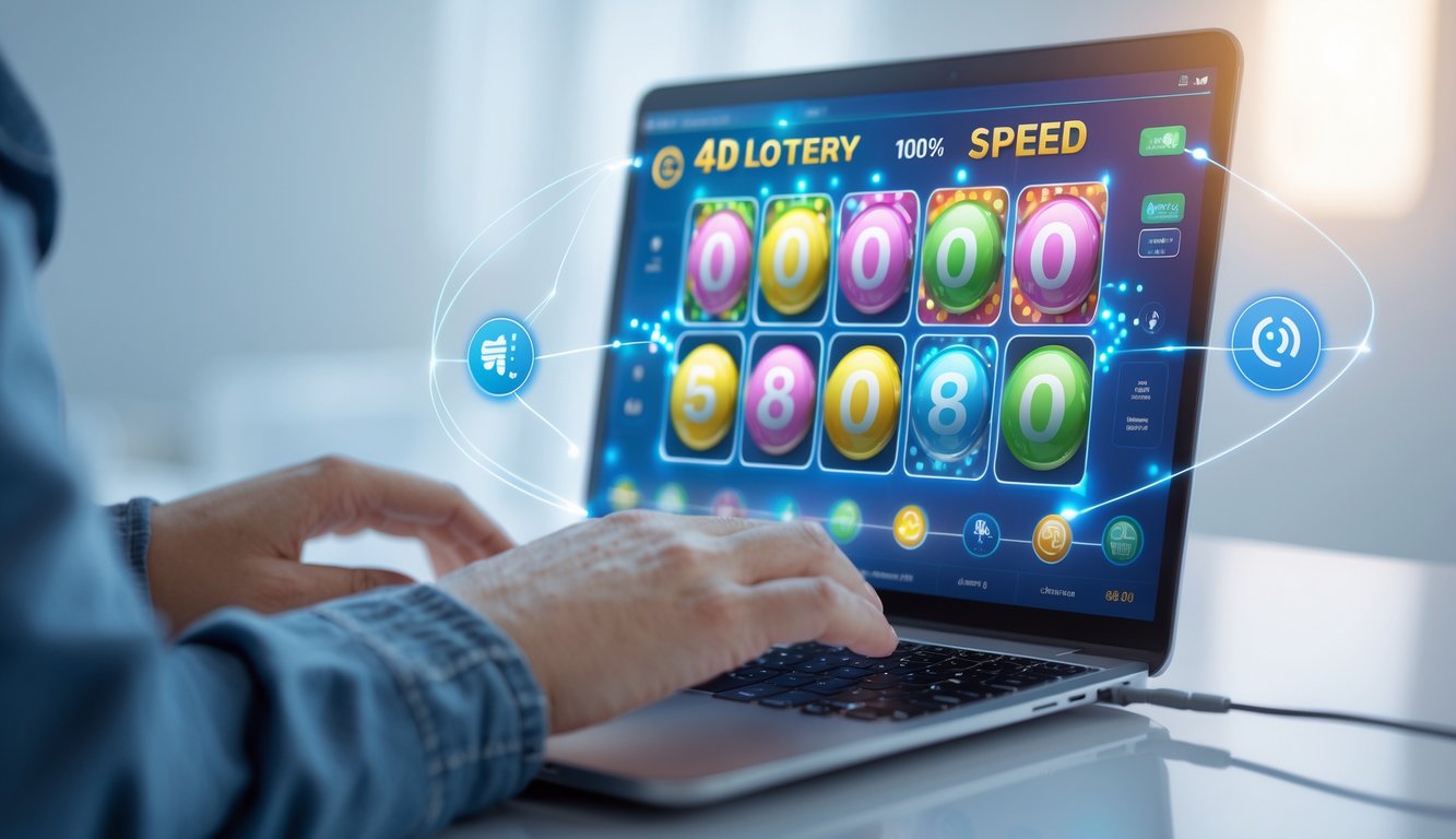 Seseorang menggunakan laptop atau ponsel dengan layar menampilkan antarmuka permainan togel 4D yang berwarna-warni, dikelilingi elemen grafis yang menunjukkan koneksi internet cepat dan lancar.