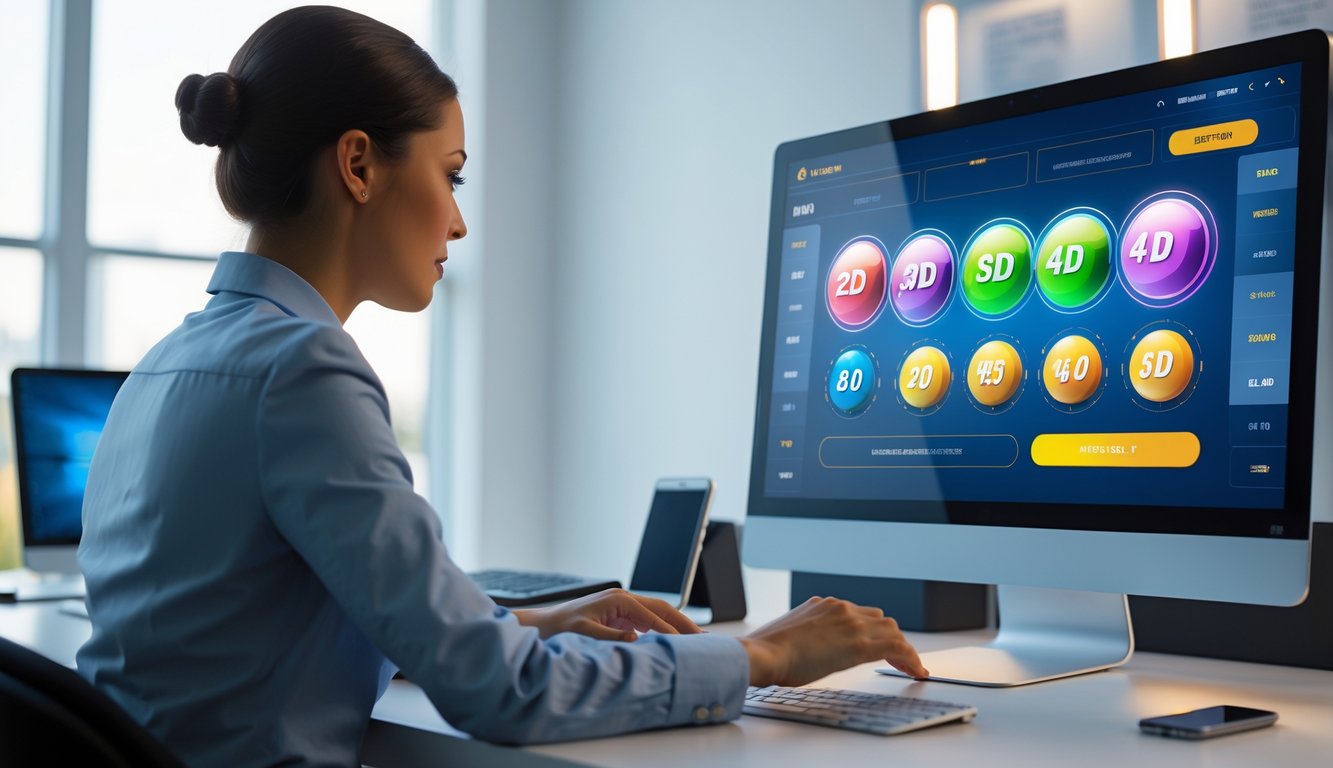 Seseorang menggunakan komputer dengan tampilan antarmuka permainan lotere digital di meja kerja yang rapi.