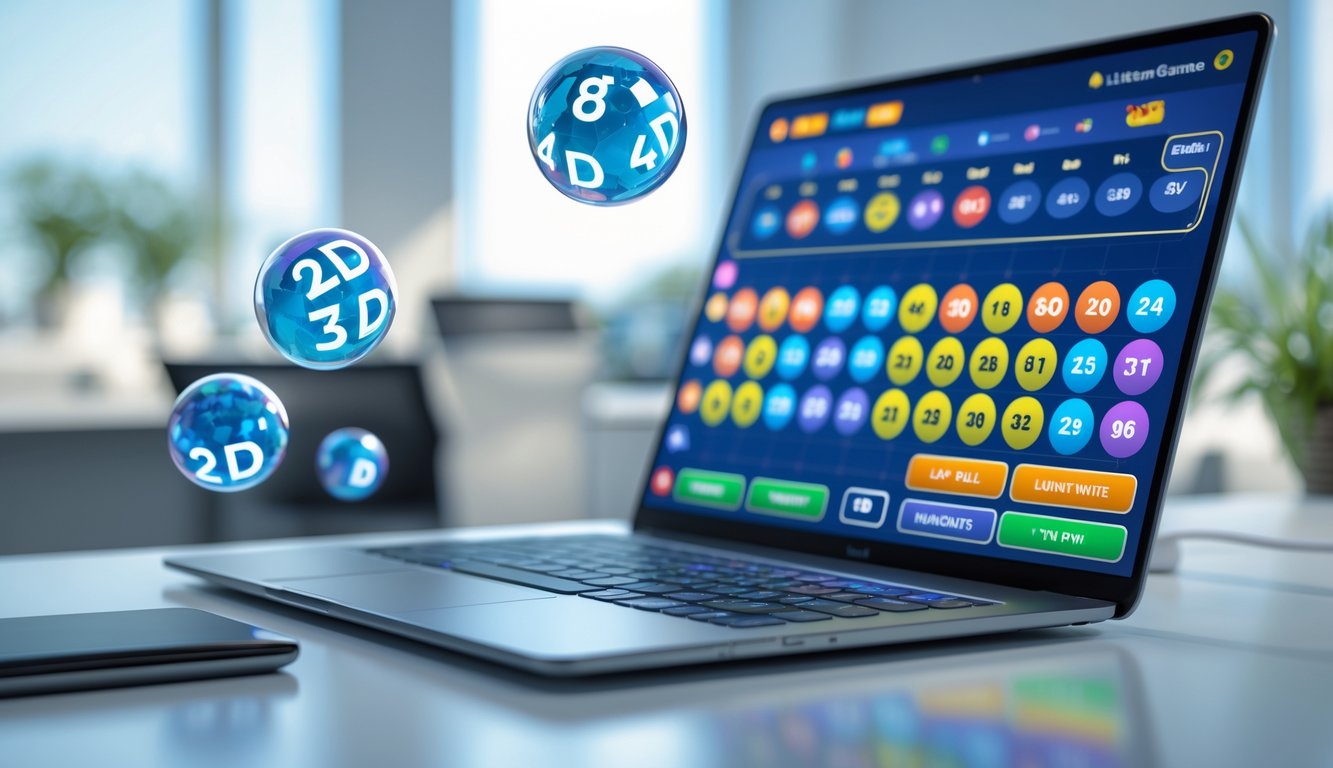 Seorang profesional sedang menggunakan laptop dengan tampilan angka lotere 2D, 3D, dan 4D di layar di sebuah ruang kerja modern.