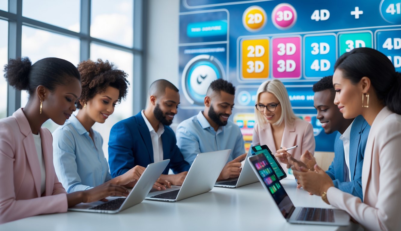 Beberapa orang dewasa menggunakan perangkat digital untuk bermain lotere online dengan tampilan angka warna-warni dan suasana modern.