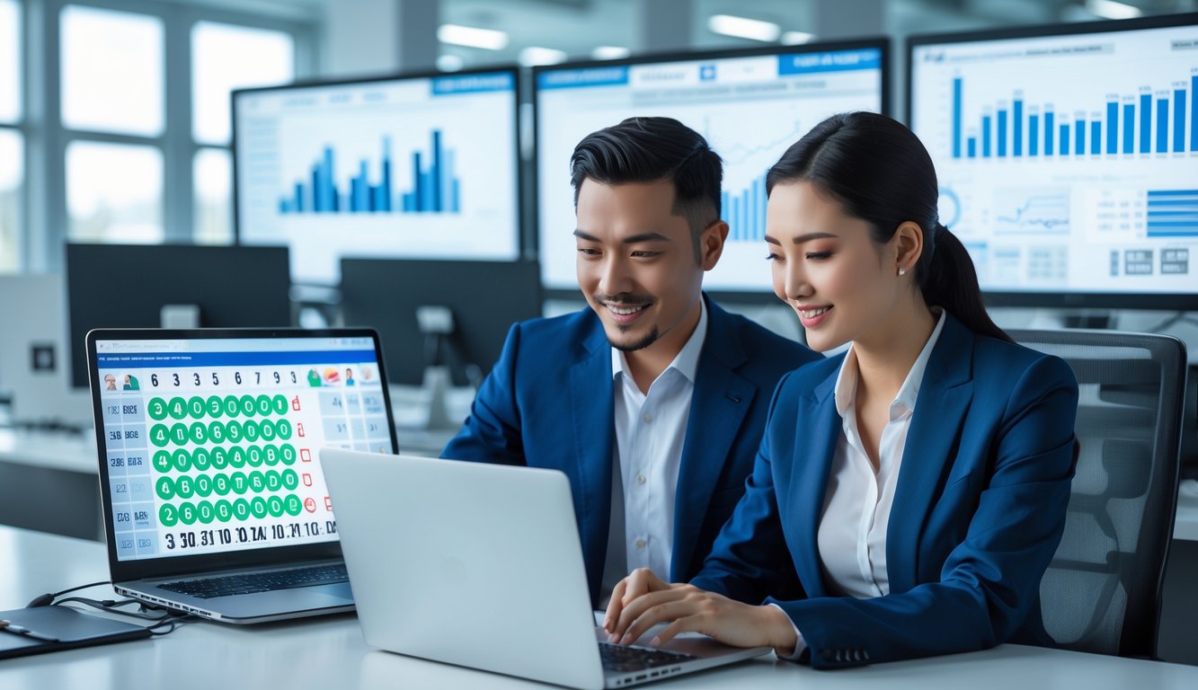 Dua orang profesional sedang bekerja bersama di depan laptop dengan layar menampilkan angka dan grafik, di ruang kantor modern dengan beberapa monitor di latar belakang.