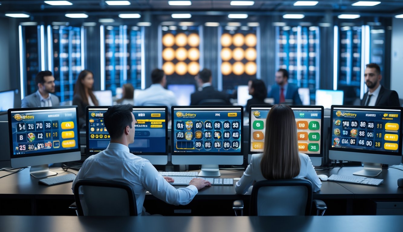 Orang-orang bekerja di kantor modern dengan komputer dan layar menampilkan angka togel, di latar belakang terlihat rak server yang menyala menunjukkan koneksi stabil 24 jam.