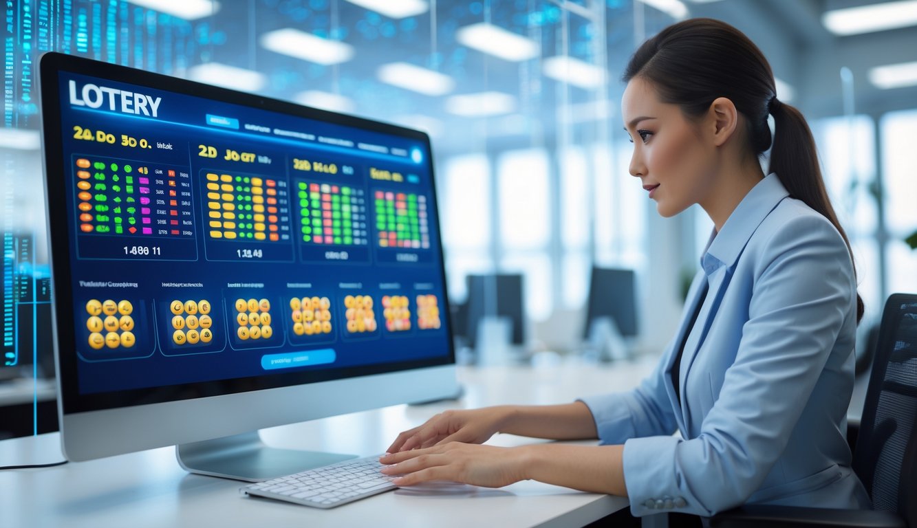 Seseorang menggunakan komputer dengan layar menampilkan grafik dan angka lotere 2D, 3D, dan 4D di kantor yang terang dan rapi.