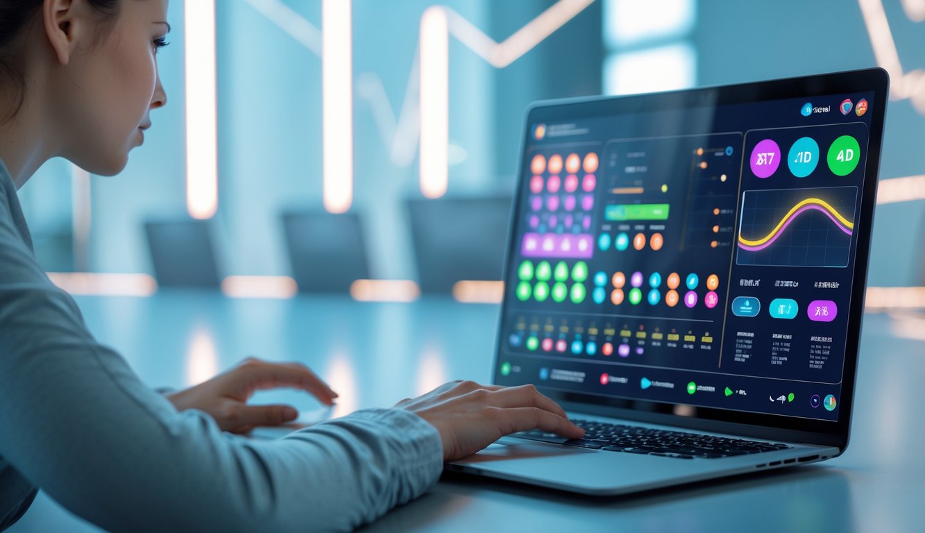 Seorang pengguna sedang menggunakan laptop di meja kerja modern dengan tampilan angka lotere dan grafik digital di layar.