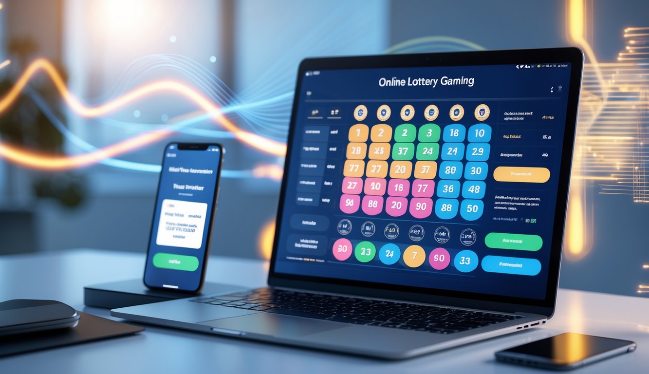 Suasana ruang kerja modern dengan laptop dan ponsel yang menampilkan angka lotere dan notifikasi pembayaran cepat.