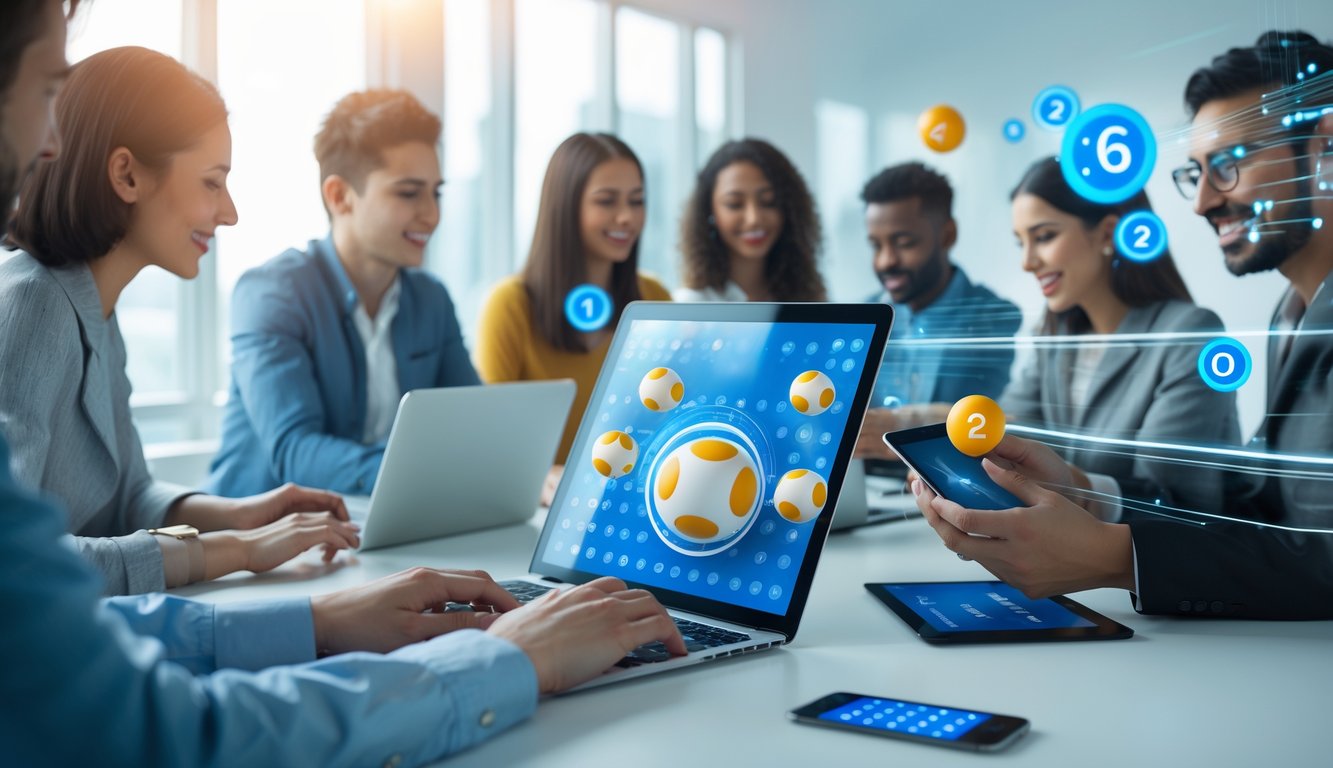 Orang-orang menggunakan perangkat digital untuk bermain togel online dengan suasana yang cerah dan modern.