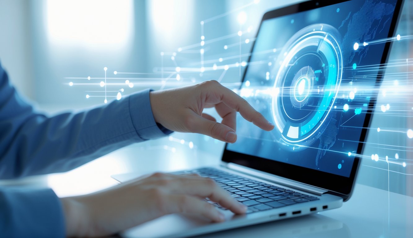 Seseorang menggunakan smartphone dengan latar belakang elemen digital yang menunjukkan koneksi cepat dan teknologi modern.