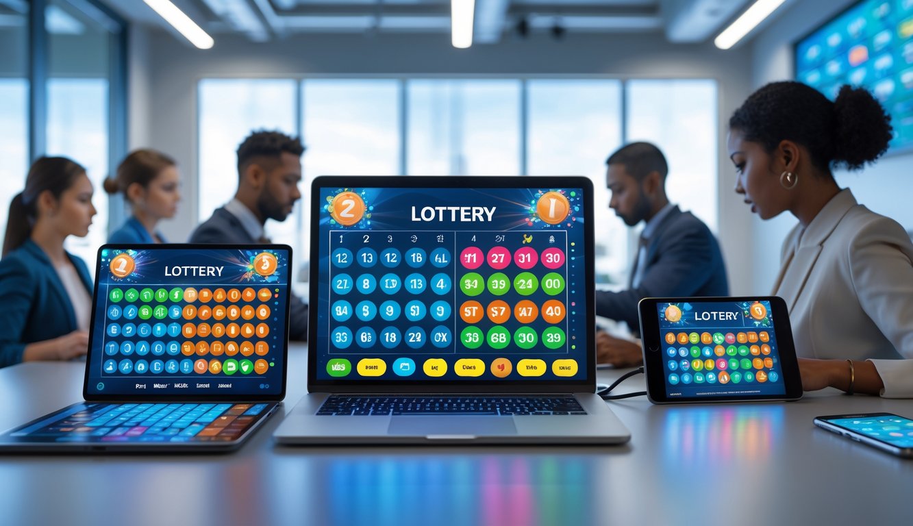 Beberapa orang menggunakan perangkat digital menampilkan antarmuka permainan togel 2D, 3D, dan 4D di lingkungan kantor modern.