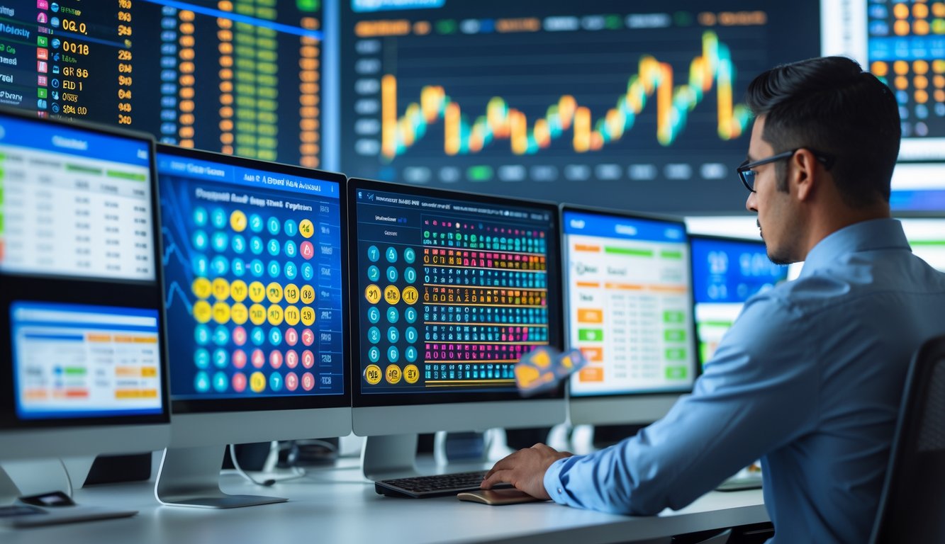 Seorang profesional sedang bekerja dengan beberapa layar komputer yang menampilkan angka dan grafik lotere dalam suasana kantor modern.