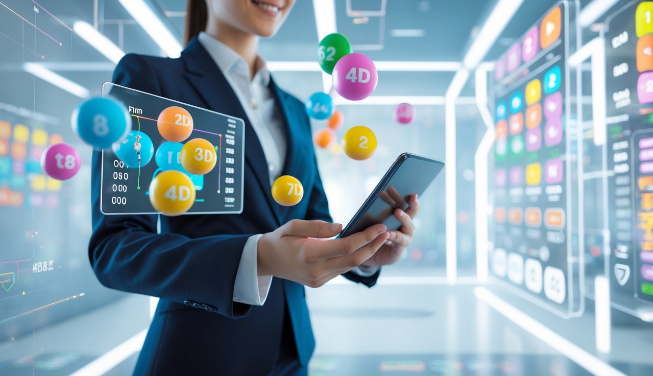 Seseorang menggunakan tablet dengan tampilan angka lotre dan grafik di layar, menunjukkan platform lotre online yang cepat dan lancar.