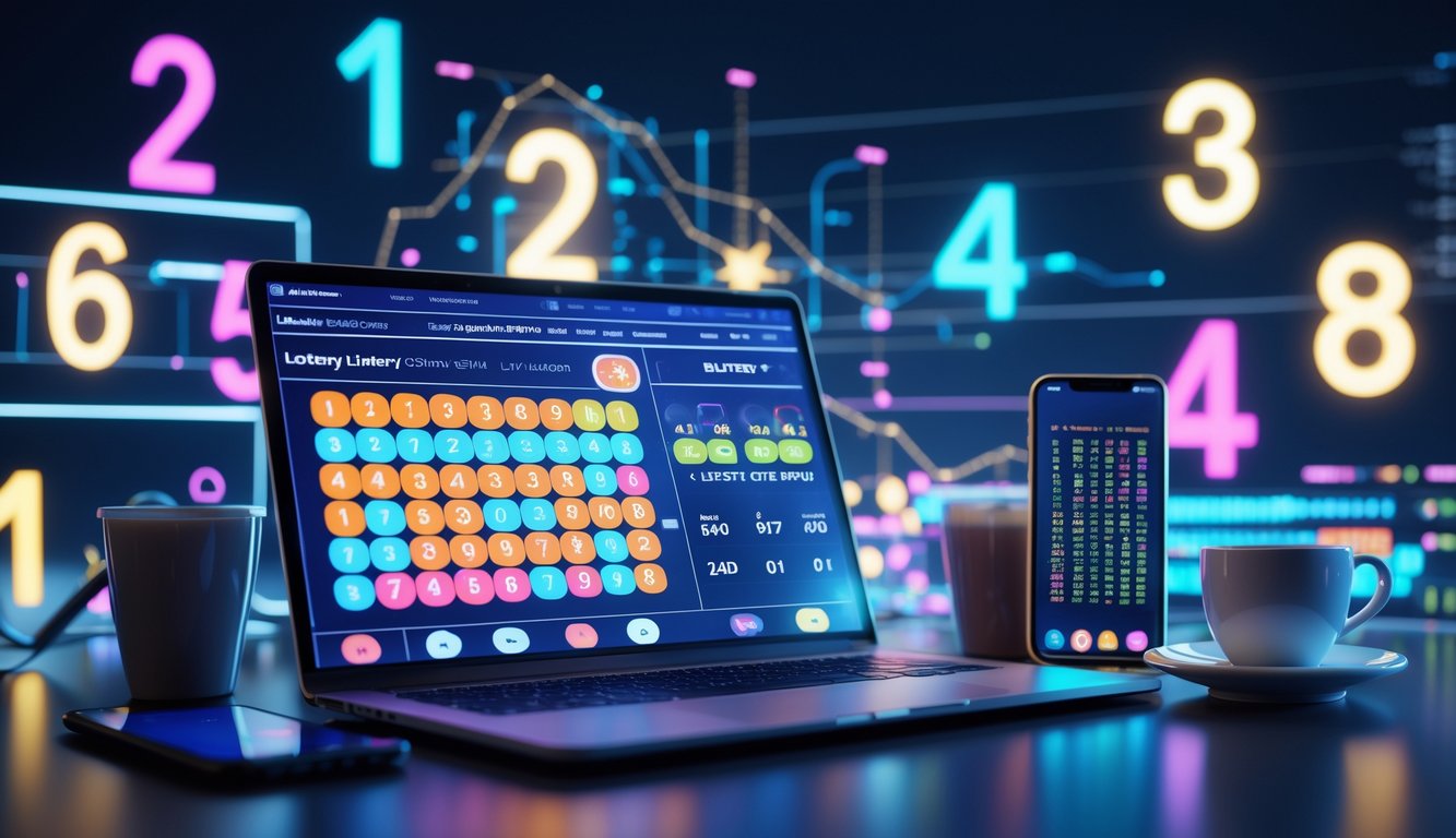 Meja kerja modern dengan laptop dan ponsel yang menampilkan angka lotere dan grafik, dengan suasana yang bersih dan profesional.