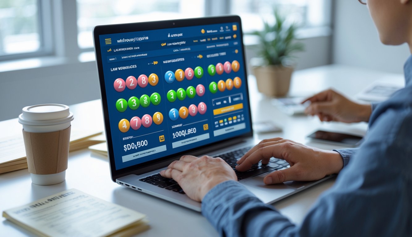 Seseorang menggunakan laptop di kantor dengan layar menampilkan angka dan grafik lotere dalam berbagai format.