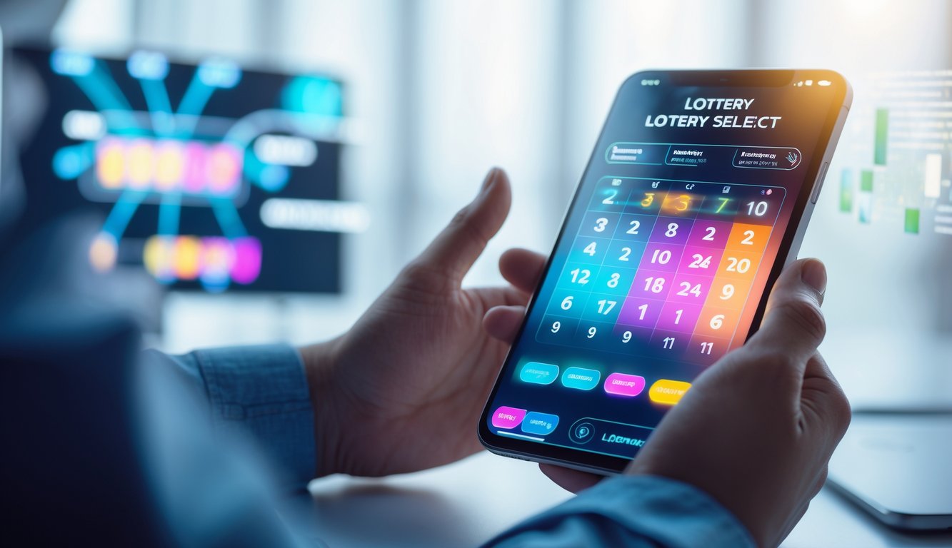 Seseorang menggunakan smartphone dengan tampilan antarmuka permainan lotere digital di meja kerja minimalis.