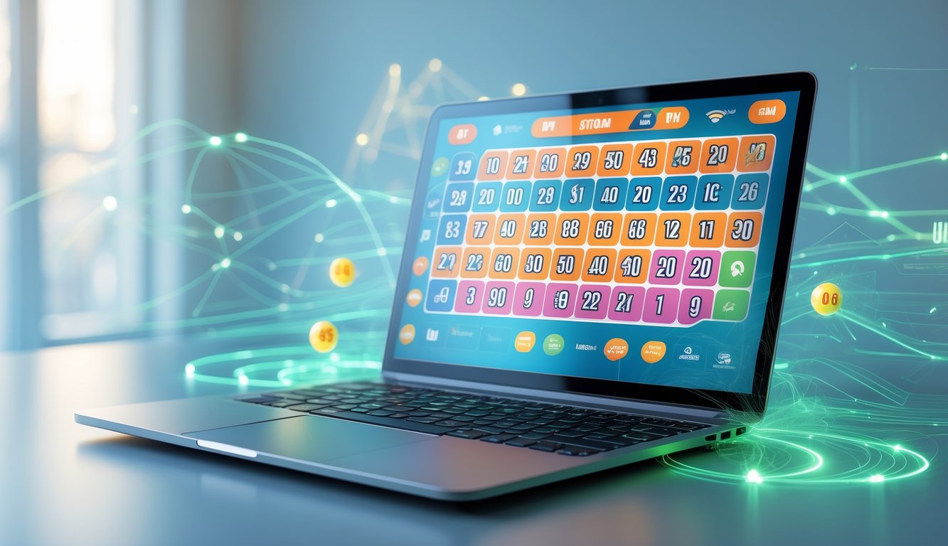 Seorang pengguna komputer dengan layar menampilkan antarmuka lotere digital dan elemen jaringan digital yang menunjukkan koneksi cepat dan lancar.