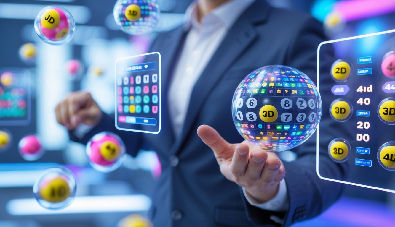 Seorang profesional menggunakan antarmuka digital holografik dengan angka lotere 2D, 3D, dan 4D di ruang kerja modern.