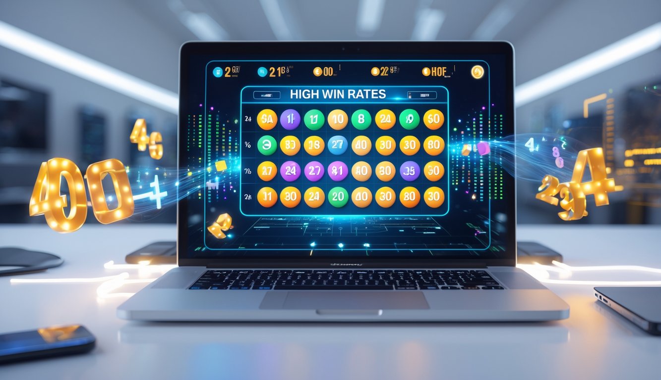 Seorang profesional menggunakan laptop di meja kerja dengan tampilan antarmuka lotere digital berwarna-warni dan grafik kemenangan tinggi.