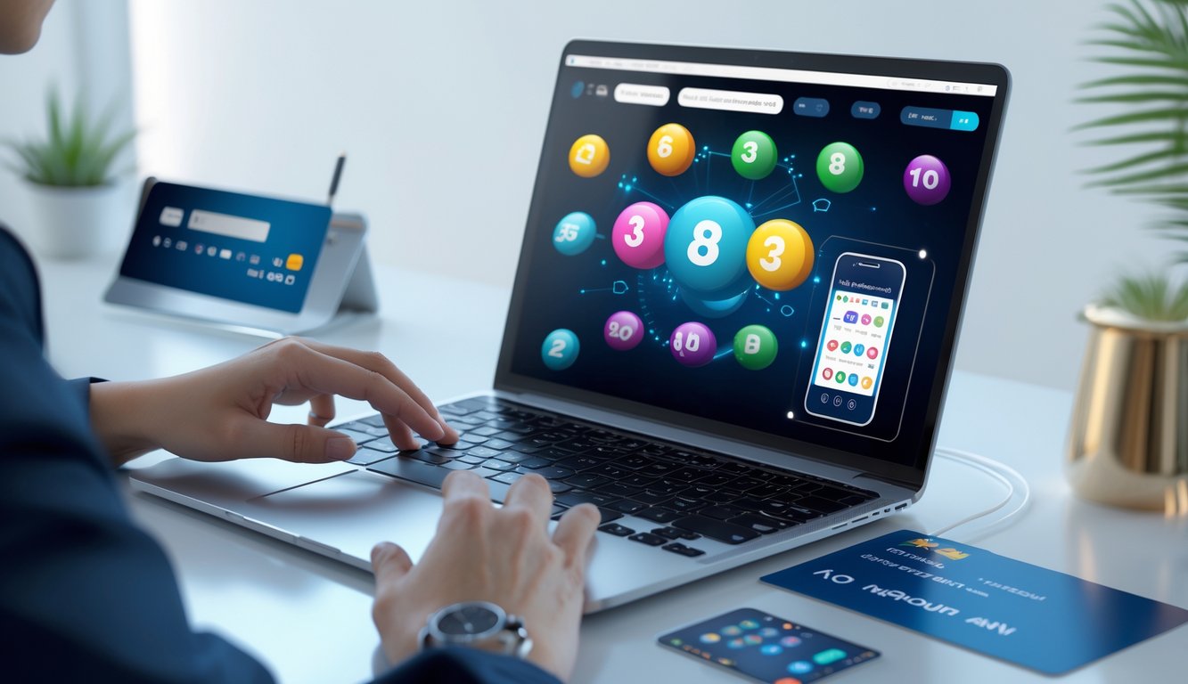 Seseorang menggunakan laptop dan ponsel di meja kerja untuk bermain togel online dengan tampilan angka dan transaksi cepat.