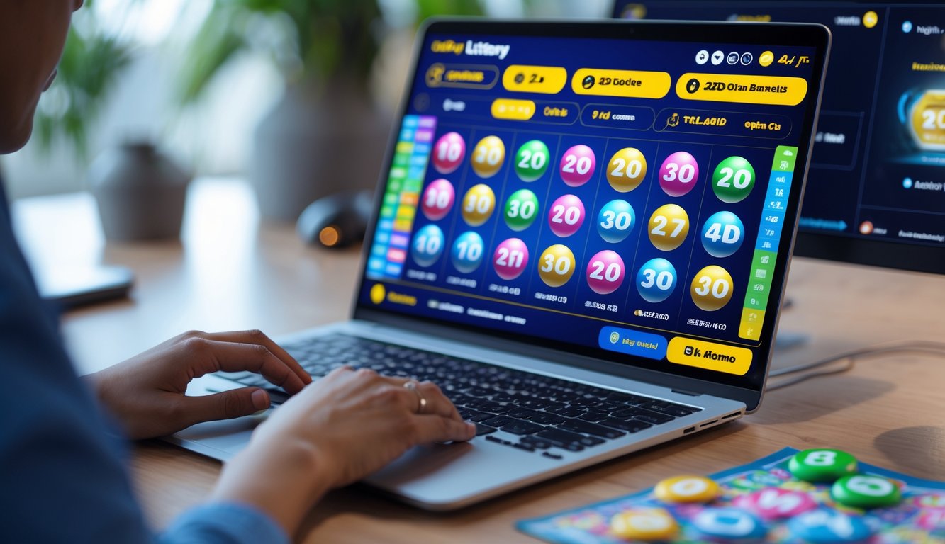 Seseorang menggunakan komputer dengan antarmuka permainan togel online yang menampilkan angka dan opsi permainan 2D, 3D, dan 4D.