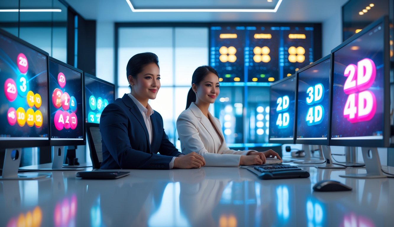 Seorang pria dan wanita duduk di meja kantor dengan beberapa monitor komputer menampilkan grafik angka lotere digital, latar belakang menunjukkan ruang server berteknologi tinggi dengan lampu LED menyala.