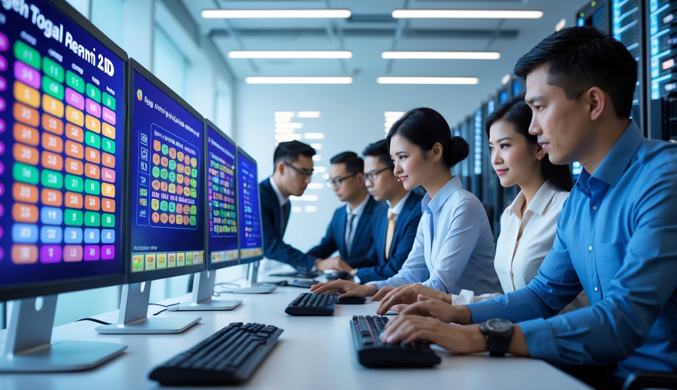 Orang-orang bekerja dengan komputer dalam kantor modern yang menampilkan angka togel dan teknologi server stabil.