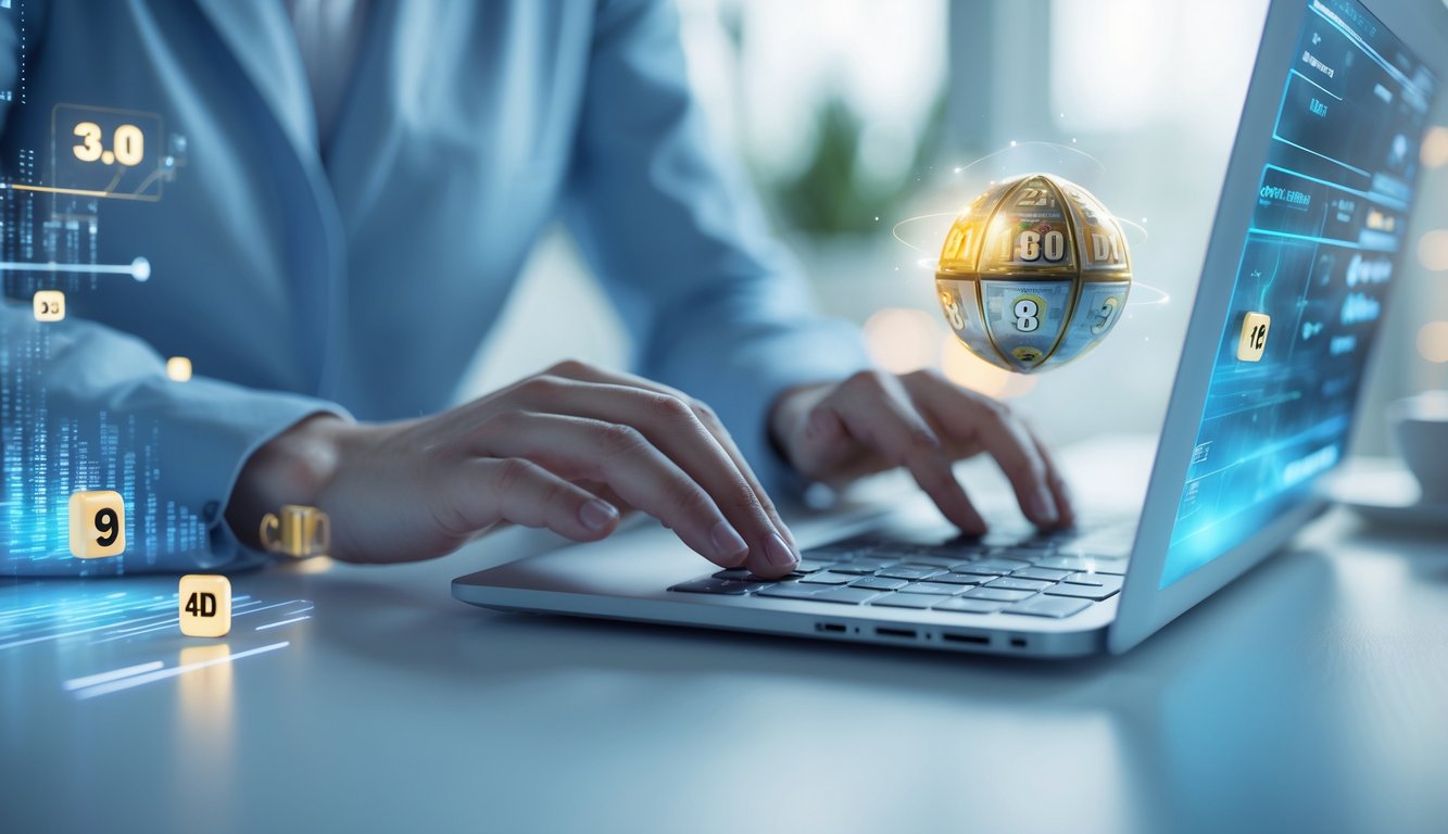 Seseorang menggunakan laptop di ruang kerja yang terang dengan elemen digital abstrak di latar belakang.