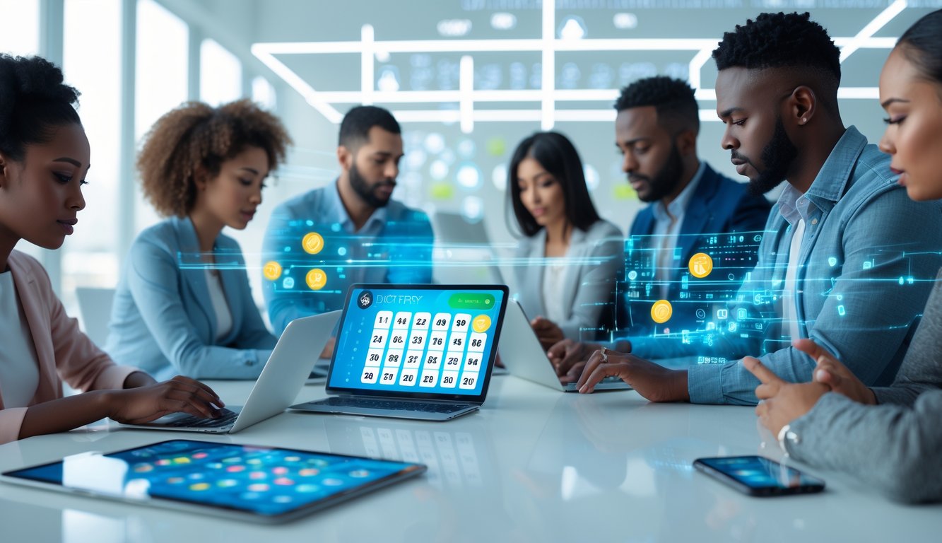 Beberapa orang menggunakan perangkat digital untuk bermain togel online di ruang kerja modern dengan suasana tenang dan fokus.