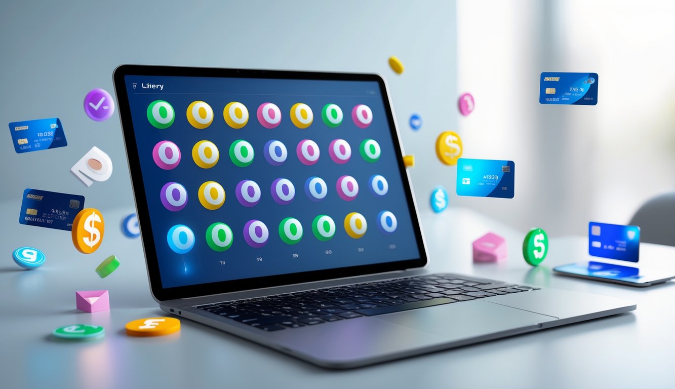 Meja kerja modern dengan laptop yang menampilkan angka togel dan ikon pembayaran digital di sekitarnya.