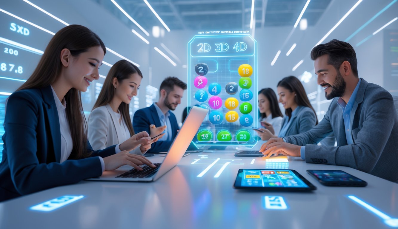 Beberapa orang menggunakan perangkat digital untuk bermain permainan togel online dengan antarmuka digital berwarna-warni dan suasana yang cerah dan modern.