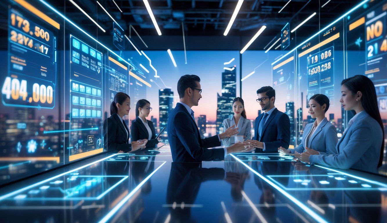 Orang-orang bekerja dengan teknologi layar sentuh futuristik di ruang kerja modern dengan latar belakang kota yang terhubung oleh garis jaringan cahaya.