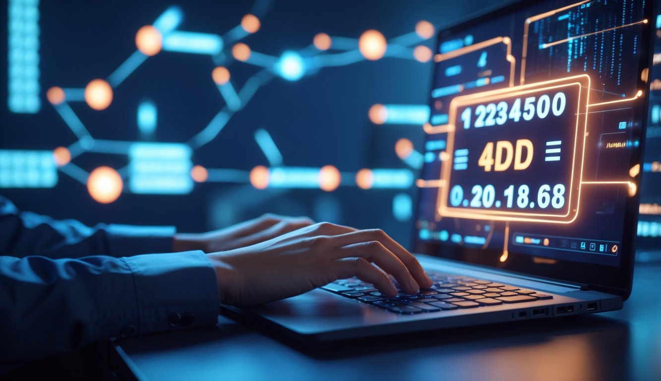 Tangan seseorang sedang mengetik di laptop dengan latar belakang data digital dan ikon koneksi jaringan.