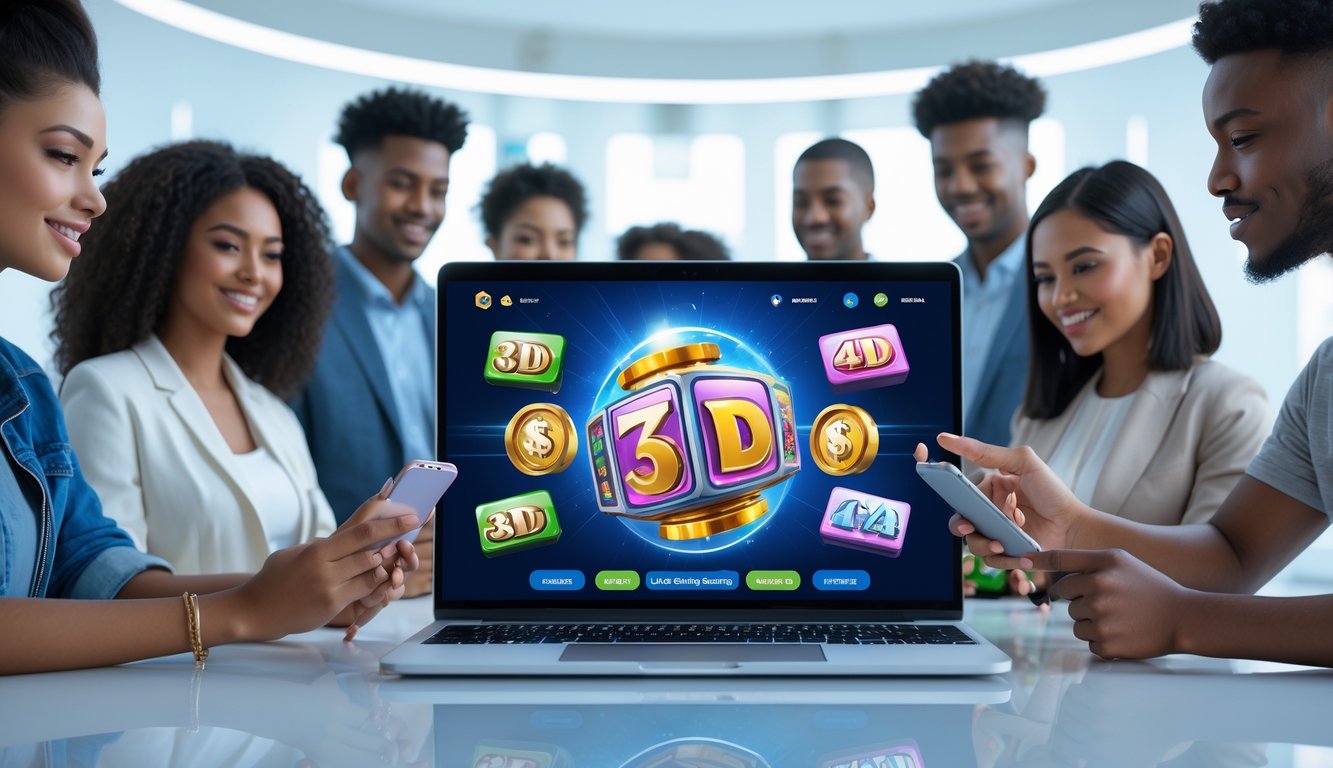 Sejumlah orang muda menggunakan laptop dan ponsel pintar dengan tampilan permainan lotere digital yang berwarna-warni di lingkungan yang terang dan aman.