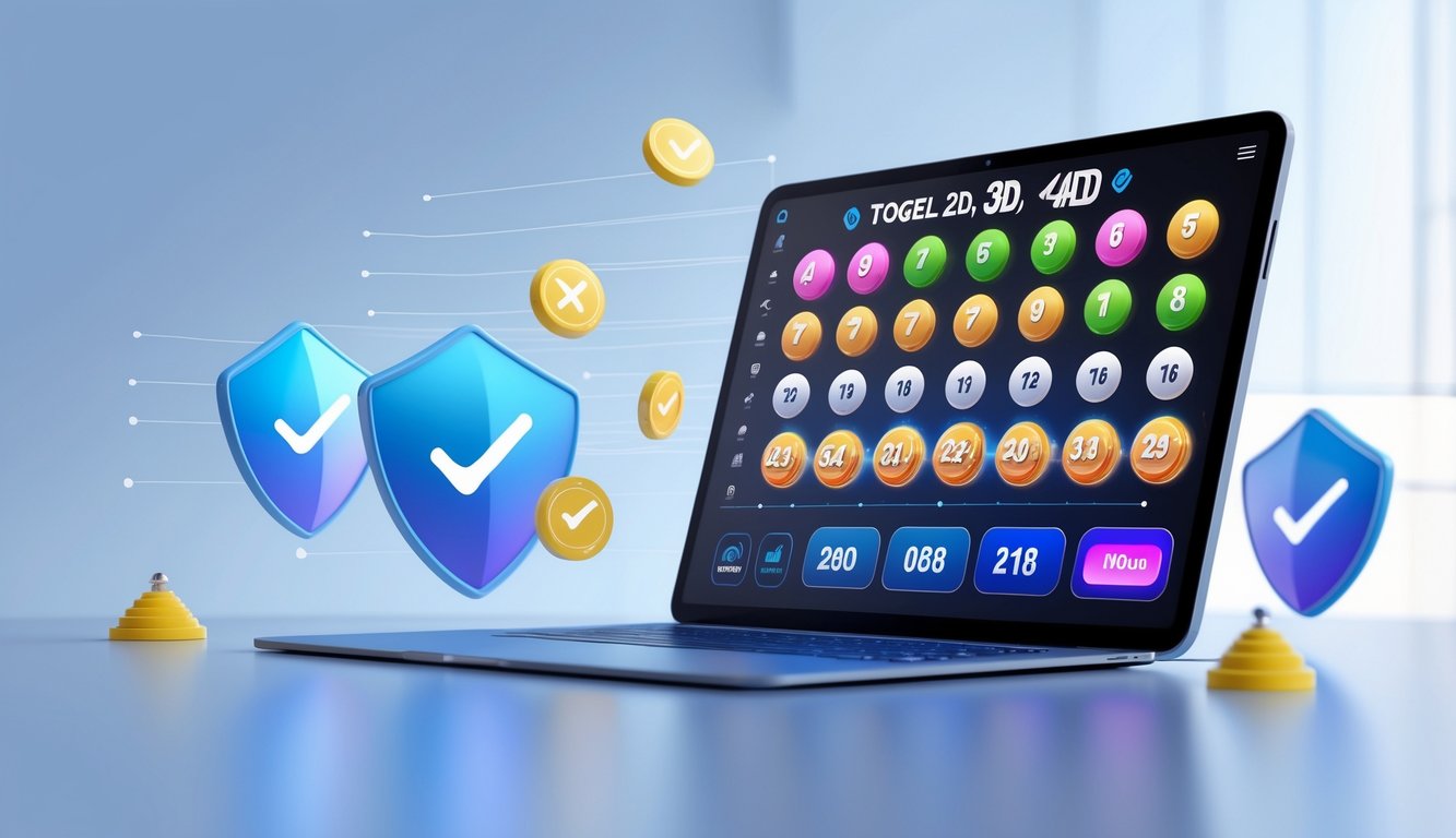 Tampilan layar perangkat digital yang menampilkan antarmuka permainan Togel 2D, 3D, dan 4D dengan elemen keamanan dan fitur lengkap.