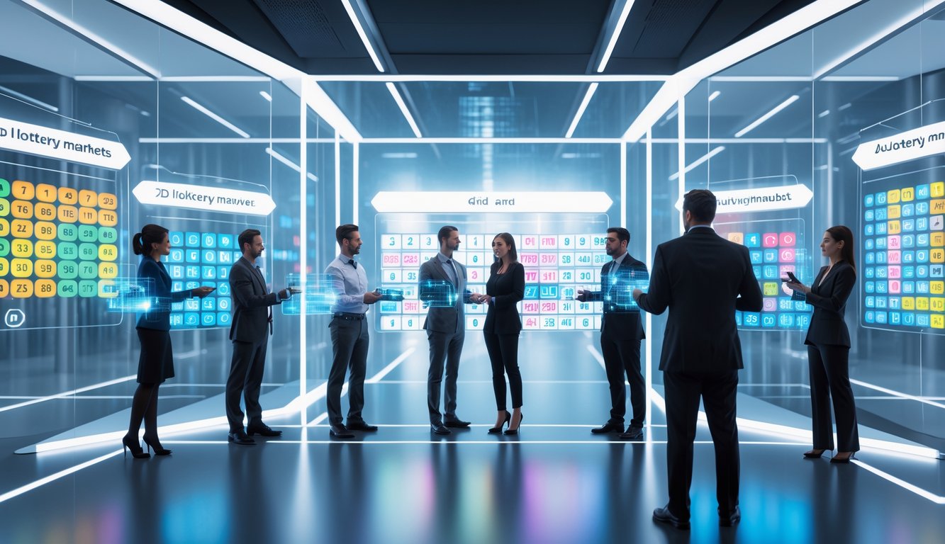 Orang-orang profesional sedang bekerja dengan layar digital yang menampilkan angka-angka lotere dalam suasana kantor modern.