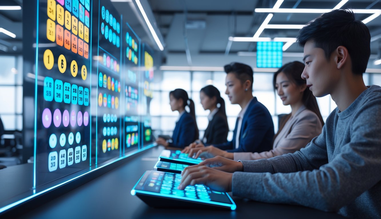 Orang-orang menggunakan layar digital yang menampilkan angka togel 2D, 3D, dan 4D dalam ruangan modern yang terang dan rapi.