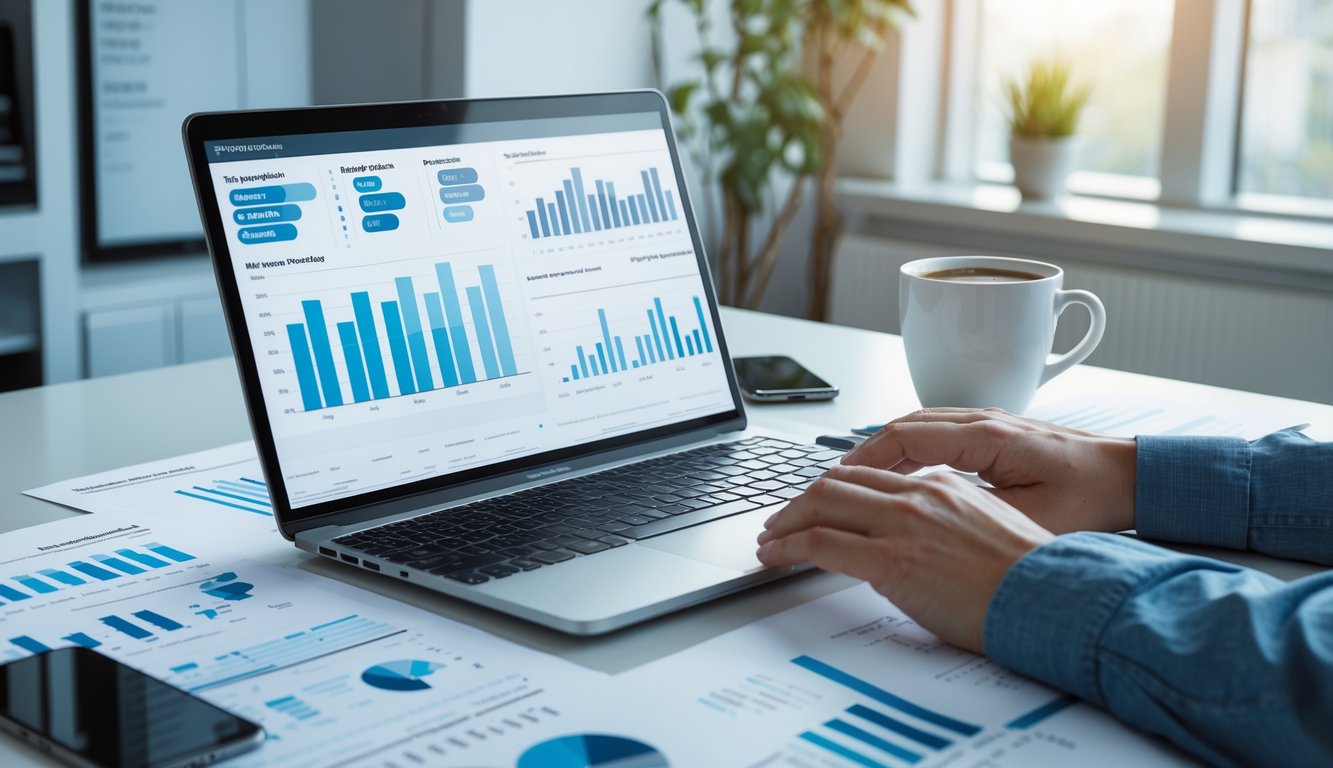 Seorang profesional sedang menganalisis data angka di meja kerja dengan laptop dan dokumen di sekitarnya.