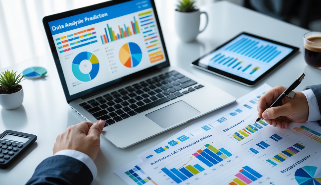 Meja kerja dengan laptop yang menampilkan grafik dan angka, tangan memegang pena di atas kertas berisi data, serta alat tulis dan kalkulator di sekitarnya.