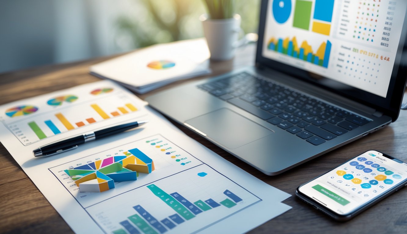 Meja kerja dengan laptop, kertas berisi data angka, pena, dan ponsel yang menampilkan grafik statistik togel.