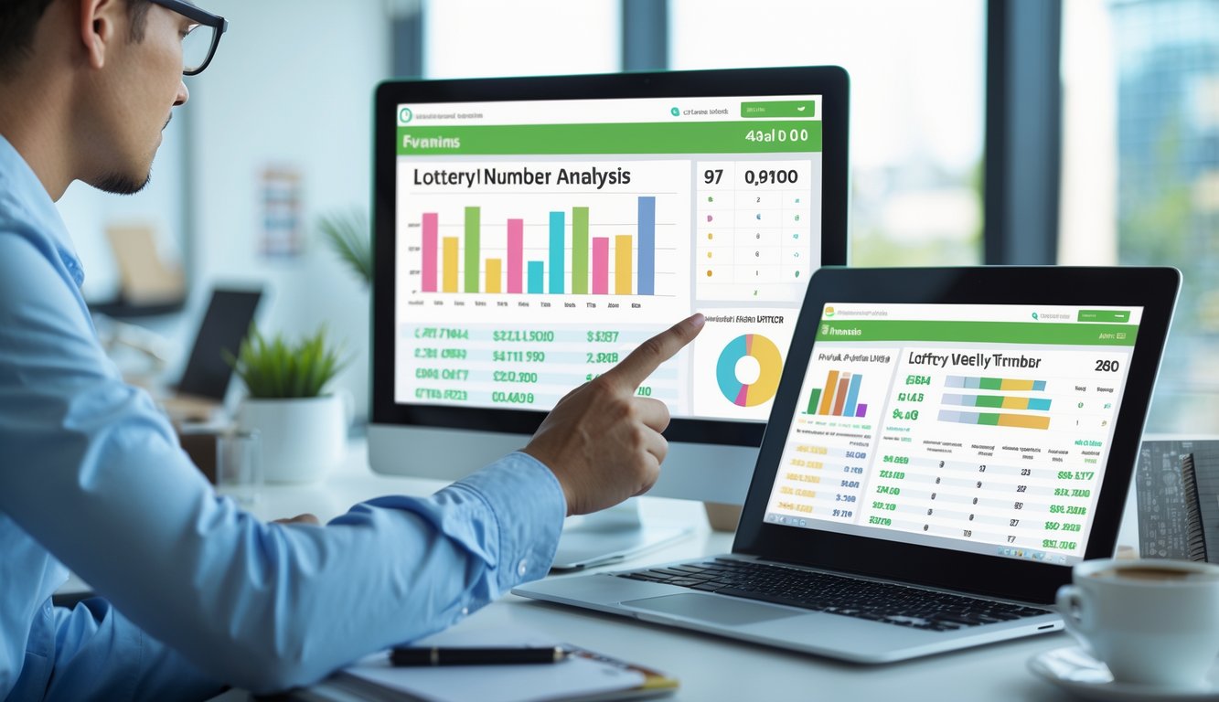 Seorang profesional sedang menganalisis data statistik angka togel di depan laptop dan tablet di ruang kerja yang terang.