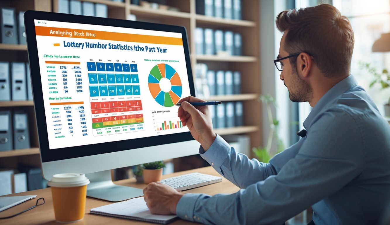 Seseorang sedang menganalisis data angka togel dari histori satu tahun terakhir di depan komputer dengan grafik dan tabel warna-warni di ruang kantor.