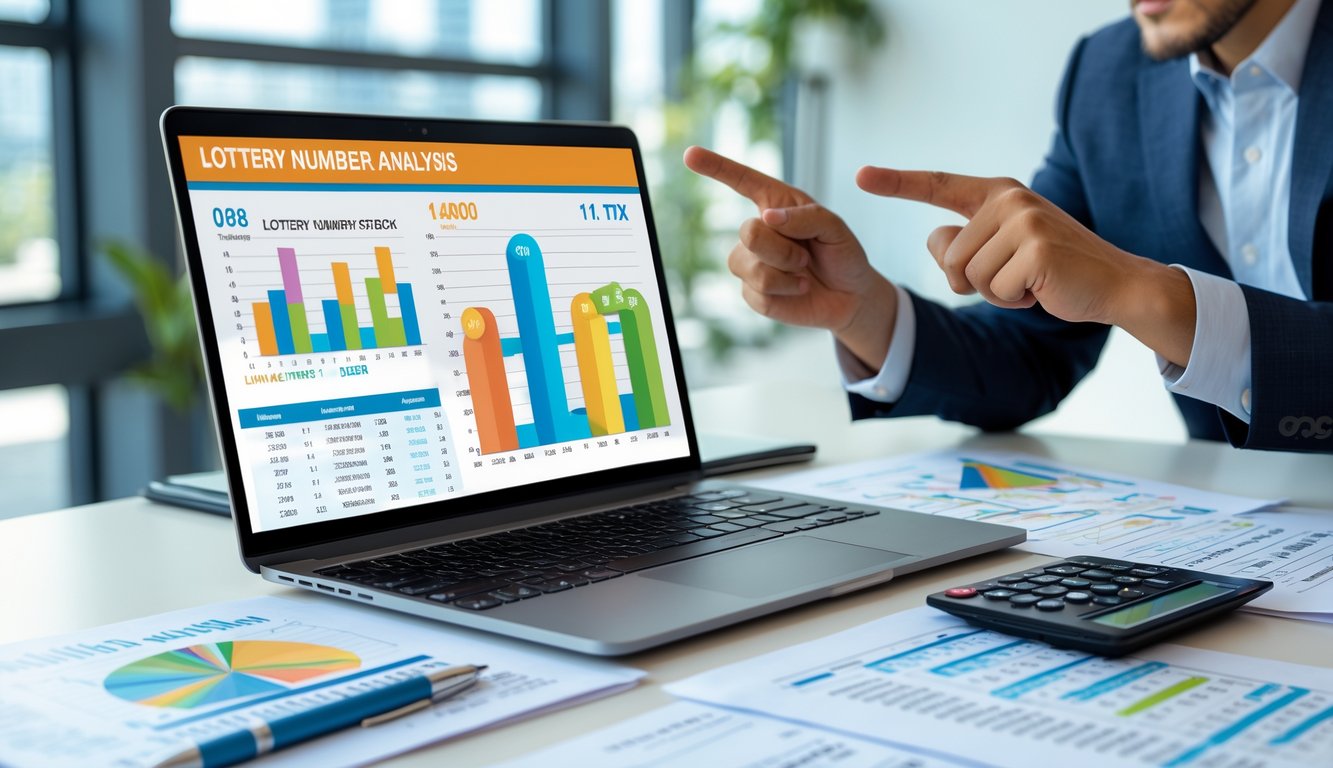 Seorang pria di meja kantor menganalisis data angka togel dengan laptop yang menampilkan grafik dan kertas berisi data angka di sekitarnya.