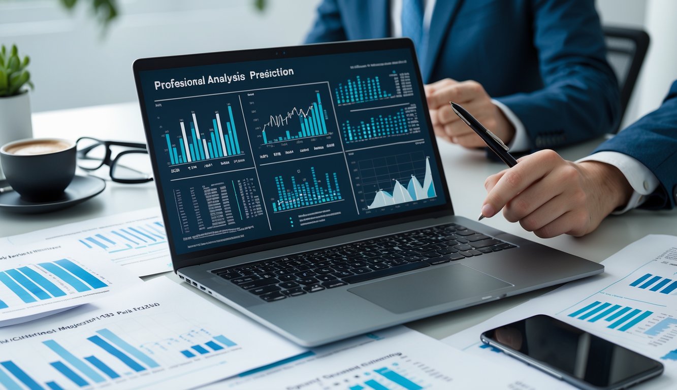Meja kerja dengan laptop yang menampilkan data angka dan grafik, tangan seseorang menunjuk ke layar, suasana kantor yang terang dan rapi.
