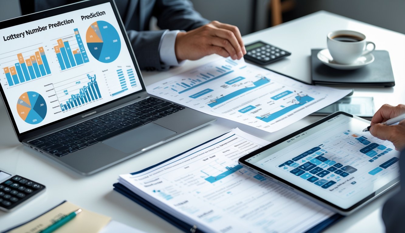 Seorang pria sedang menganalisis data angka togel dengan laptop, kertas, dan tablet di atas meja kerja yang rapi.