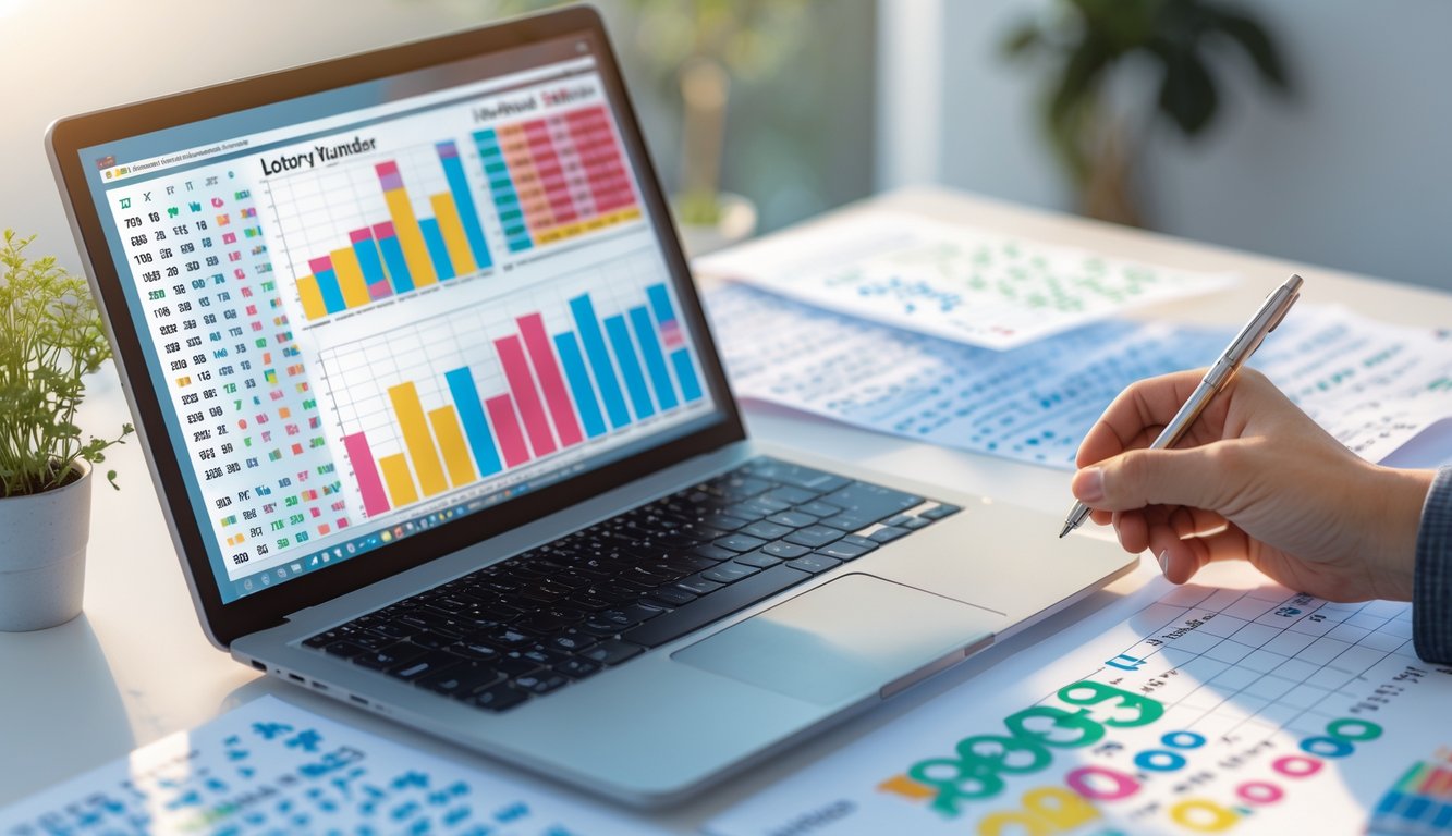 Meja kerja dengan laptop menampilkan grafik dan tangan seseorang menunjuk ke layar, di samping terdapat kertas dengan angka dan pola yang ditulis tangan.